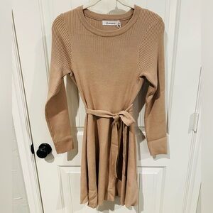 Tan Ribbed Knit Dress with Belt